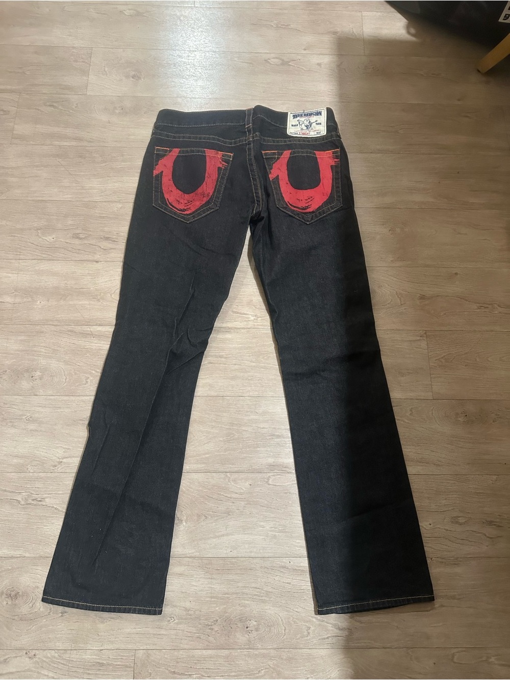True Religion Black Flare Jeans with Red Pocket Horseshoe
